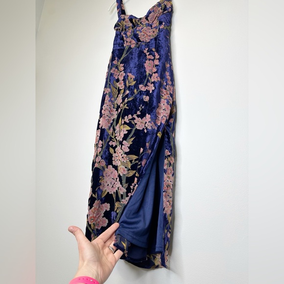 Lulus Romantic Stunner Navy Blue Floral Burnout Velvet Lace-Up Dress Medium - Picture 5 of 11